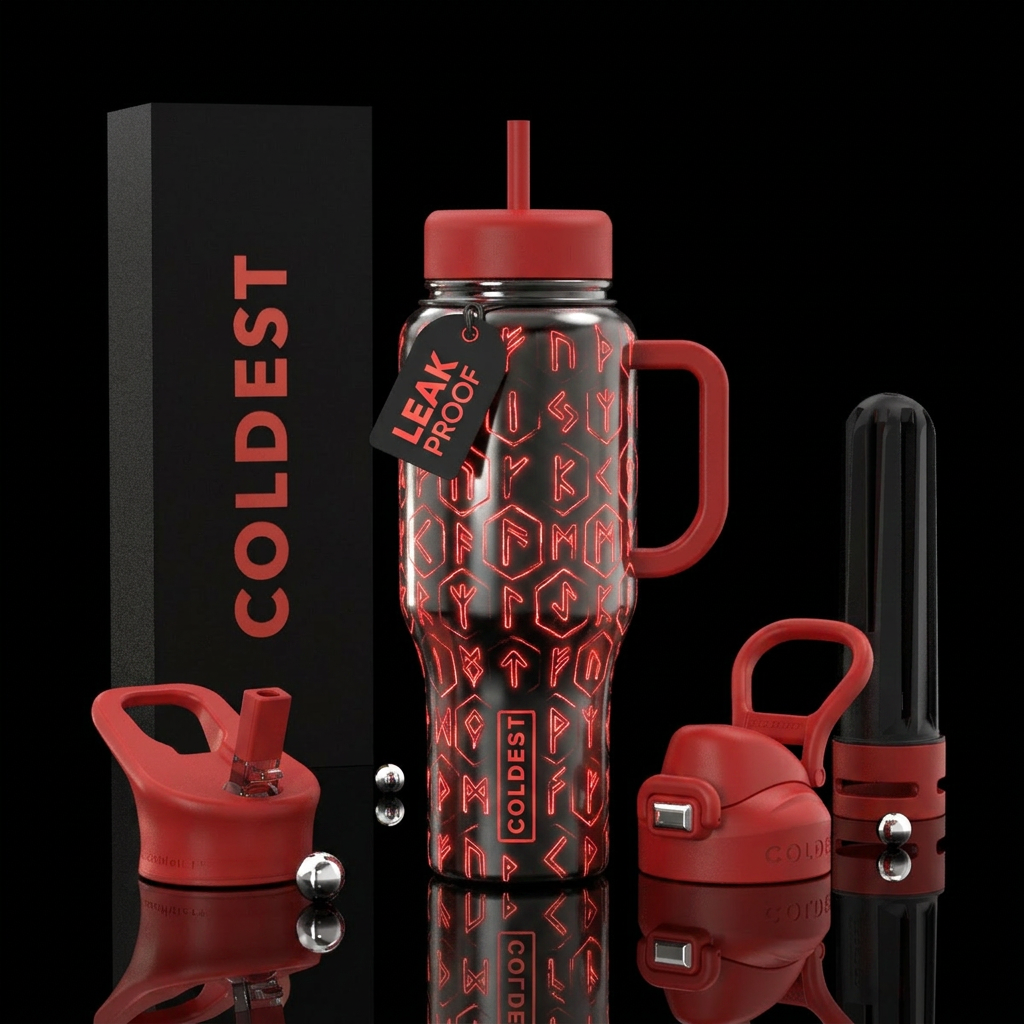 Hexed, ancient rune marks in glowing red on a meta... water bottle design