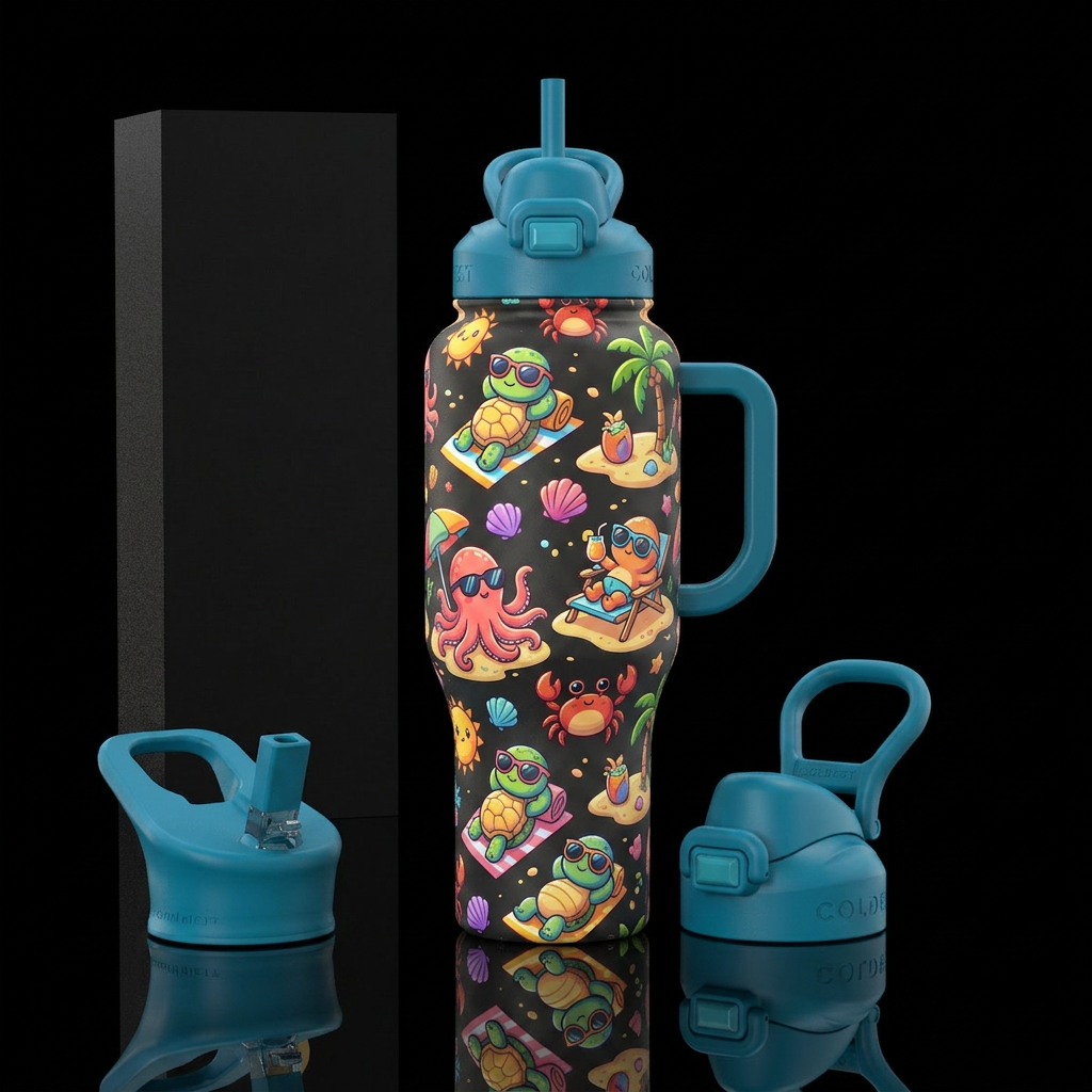 Sea life sunbathing on the beach, cute cartoon water bottle design