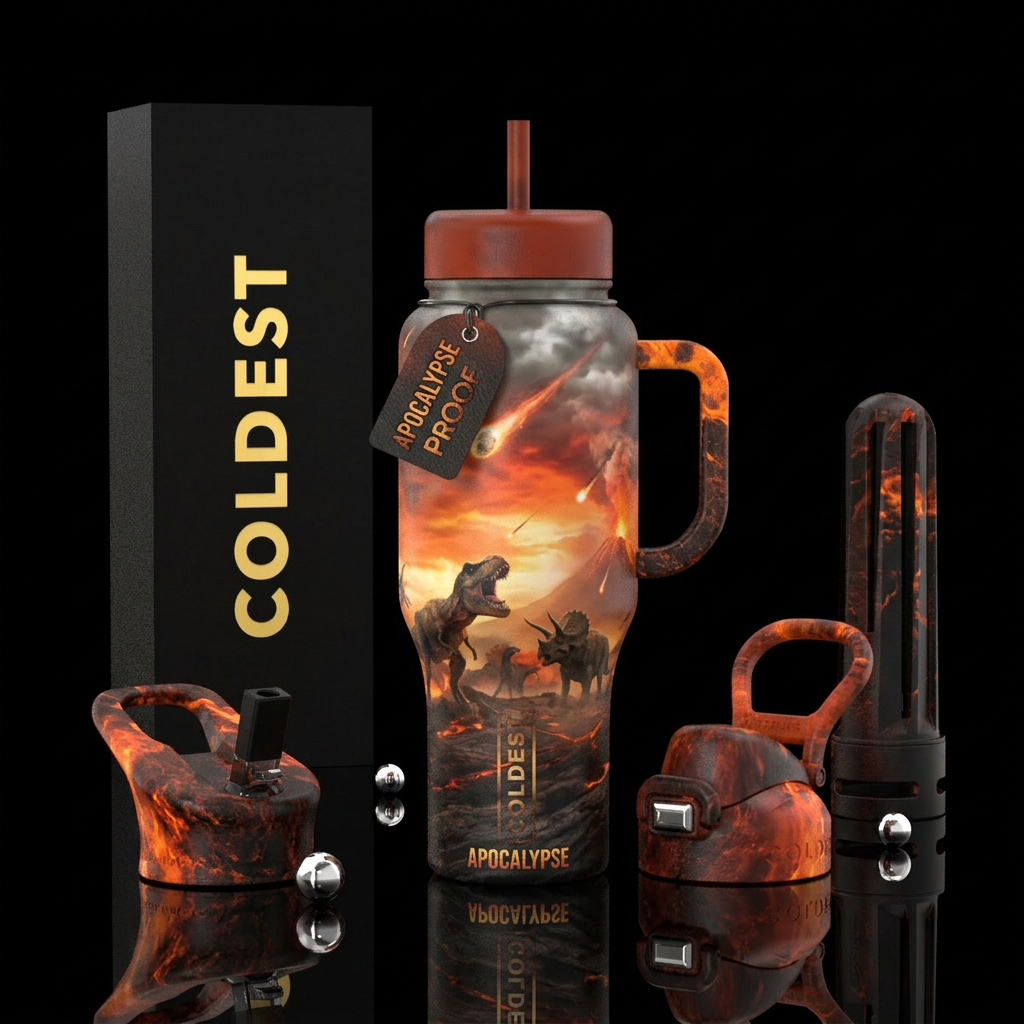 End of the Dinosaurs, prehistoric apocalypse water bottle design