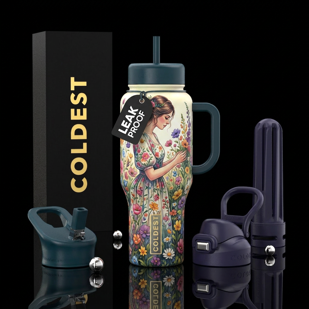 Lady wearing floral print, among wildflowers gentl... water bottle design