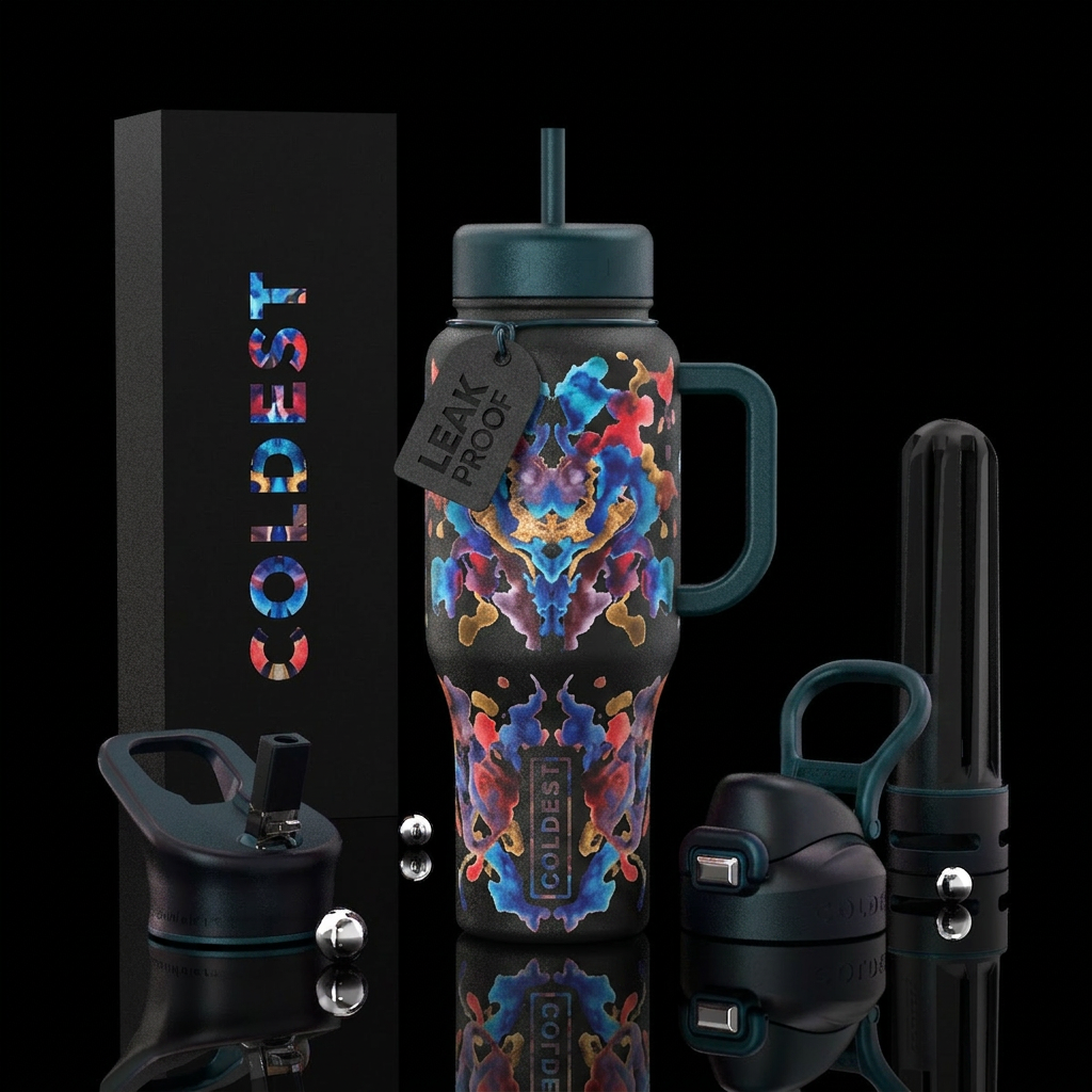 Rorschach designs all around a matte black backgro... water bottle design