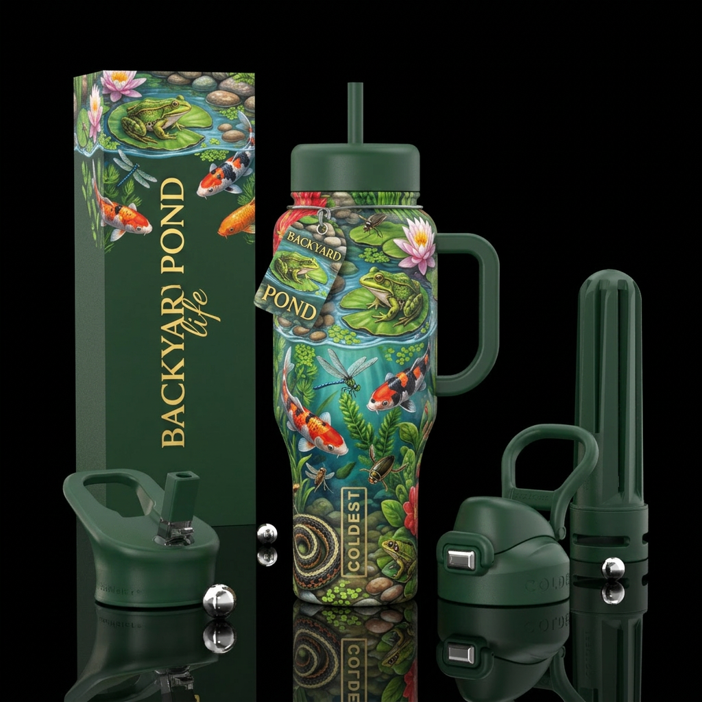Backyard pond life, Midwest, summer fun water bottle design