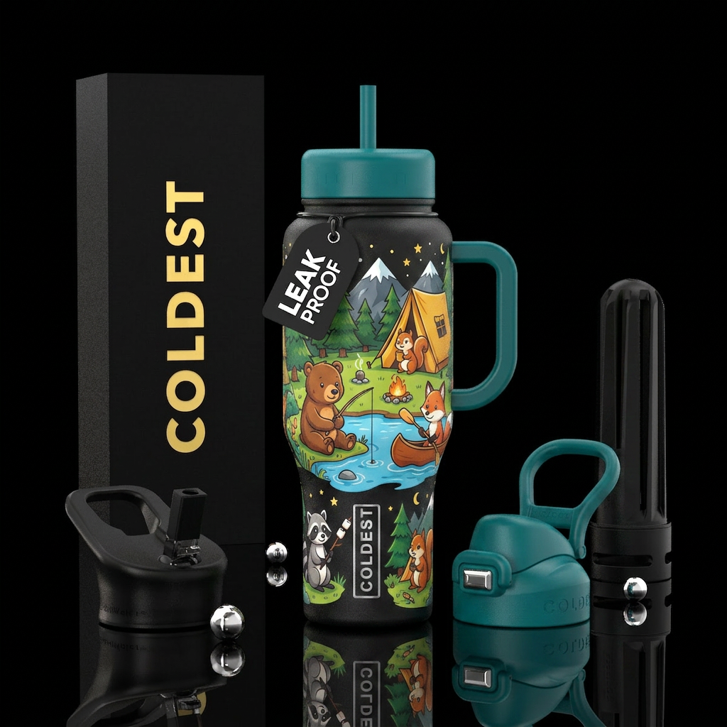 Summer Camp for cartoon animals no words water bottle design