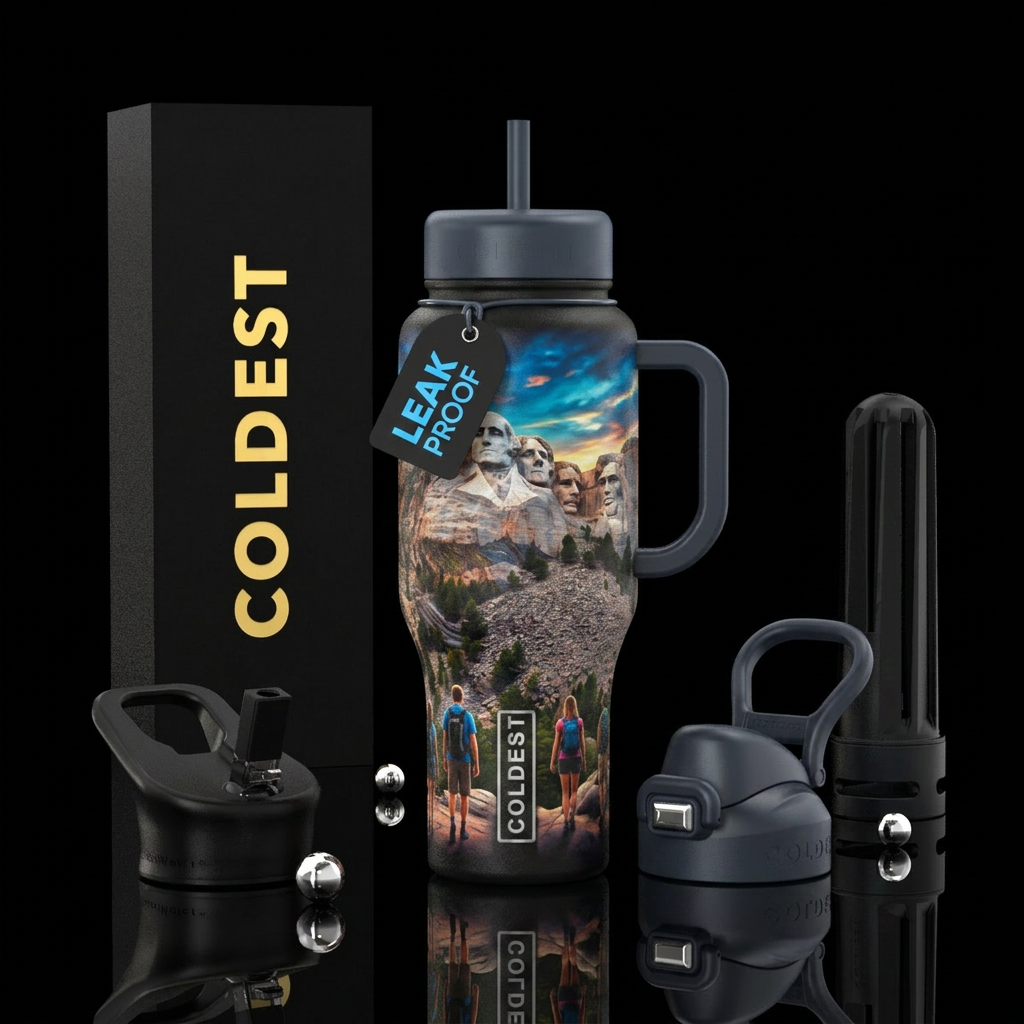 Mount Rushmore in background, people hiking down b... water bottle design