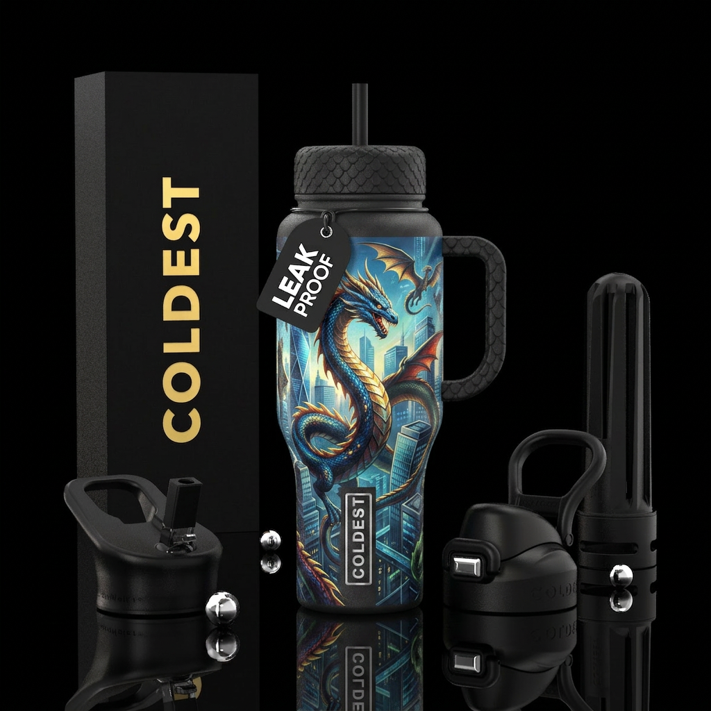 Dragons of today, flying through the modern world water bottle design