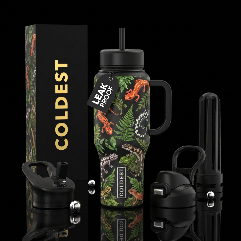 Salamander smash up, greens and ferns water bottle design