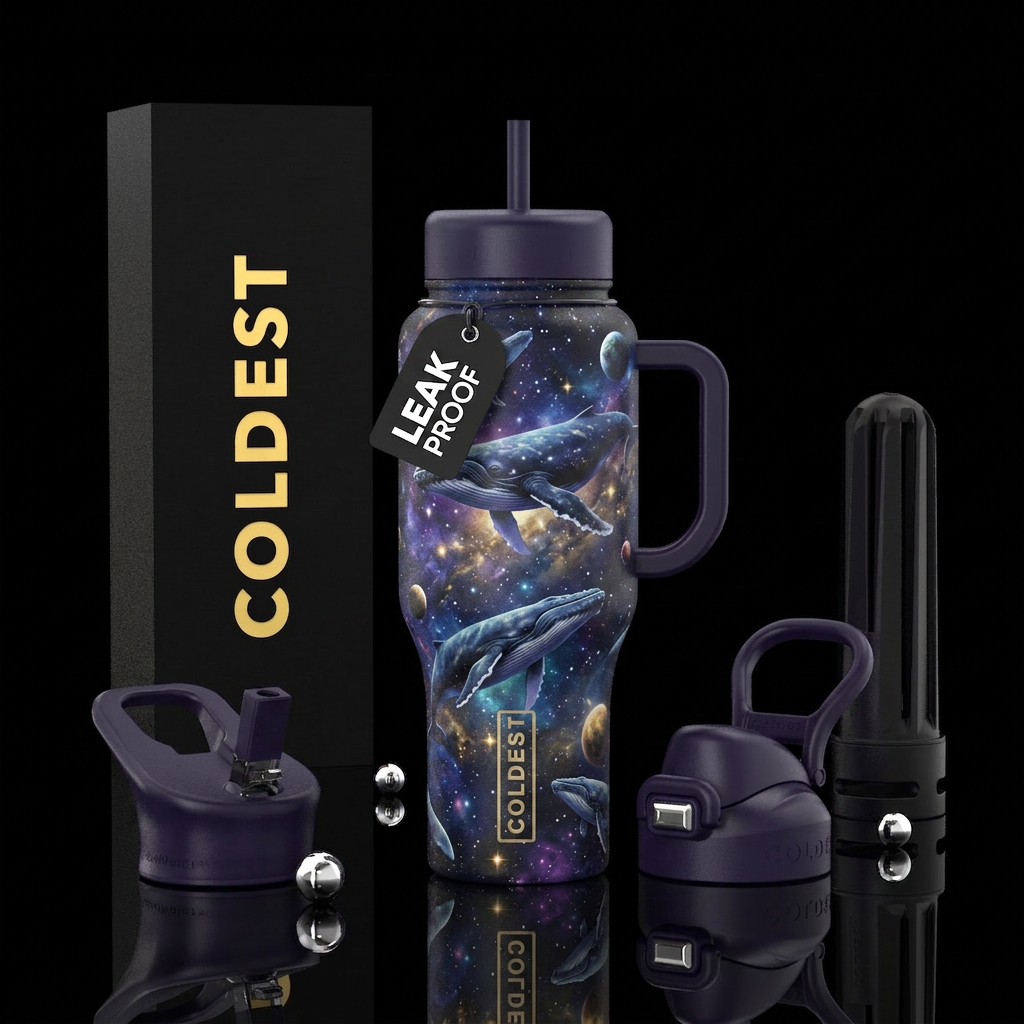Space whales, whales slowly gliding through a star... water bottle design