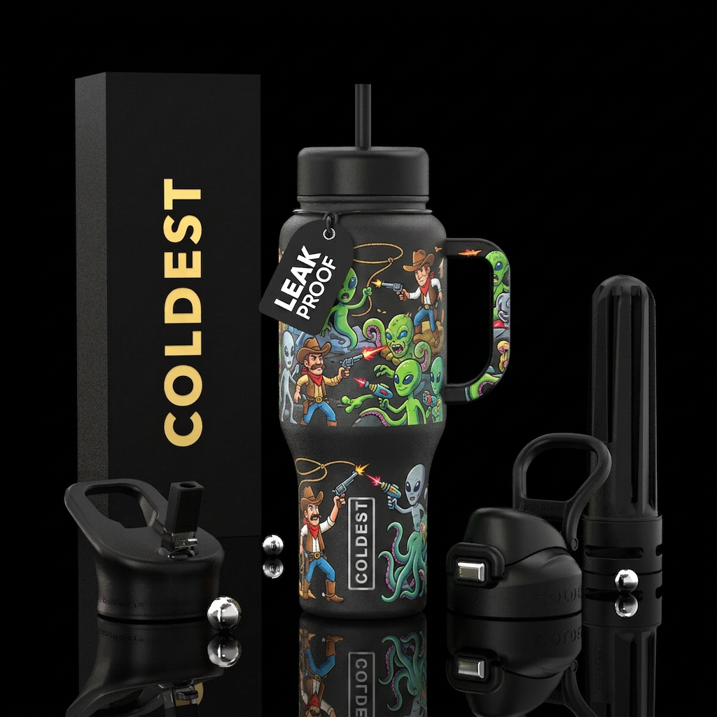 Cowboys and aliens cartoon battle, no words water bottle design