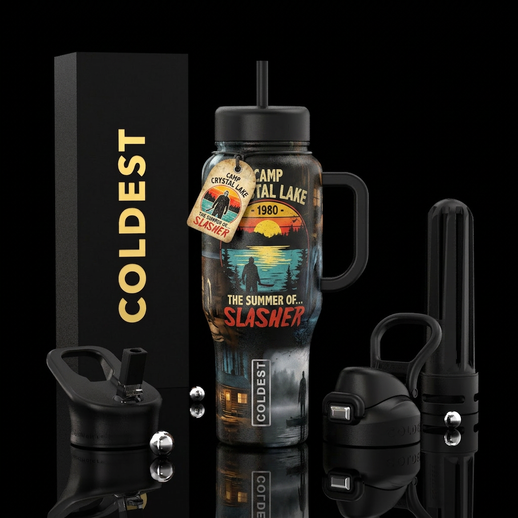 80’s Slasher Summer Camp water bottle design