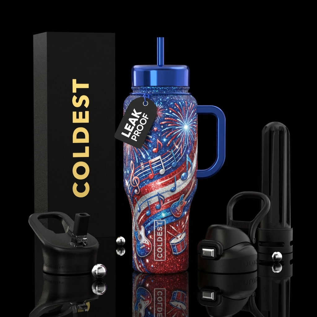 4th of July,  sparkly, stylistic, music water bottle design