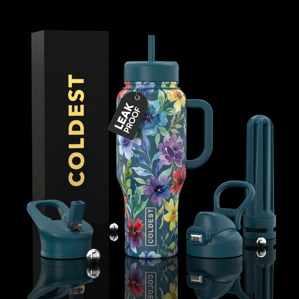 matte, watercolor, floral water bottle design