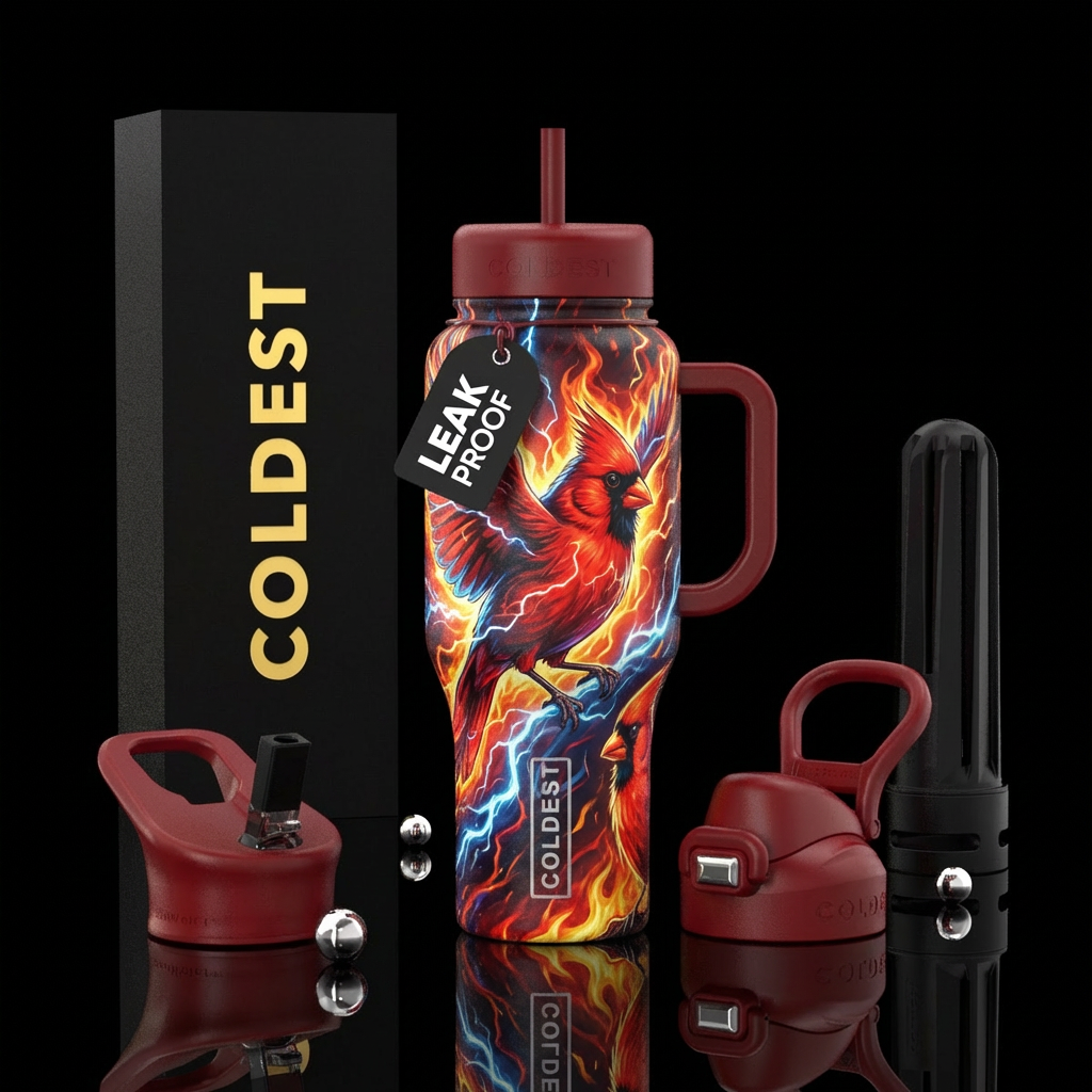 electric, firery, explosive cardinals, realism water bottle design