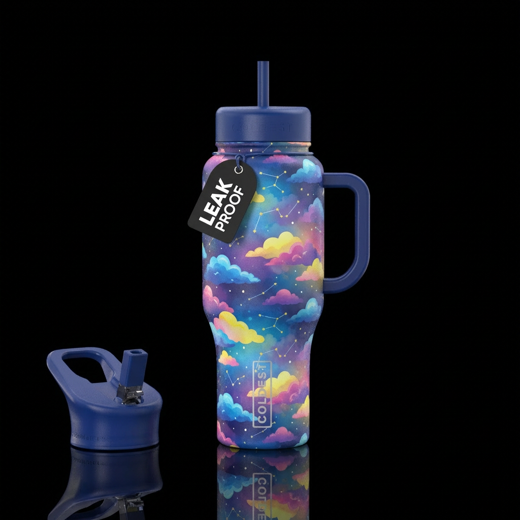 happy mood, colorful, clouds, constellation, matte water bottle design