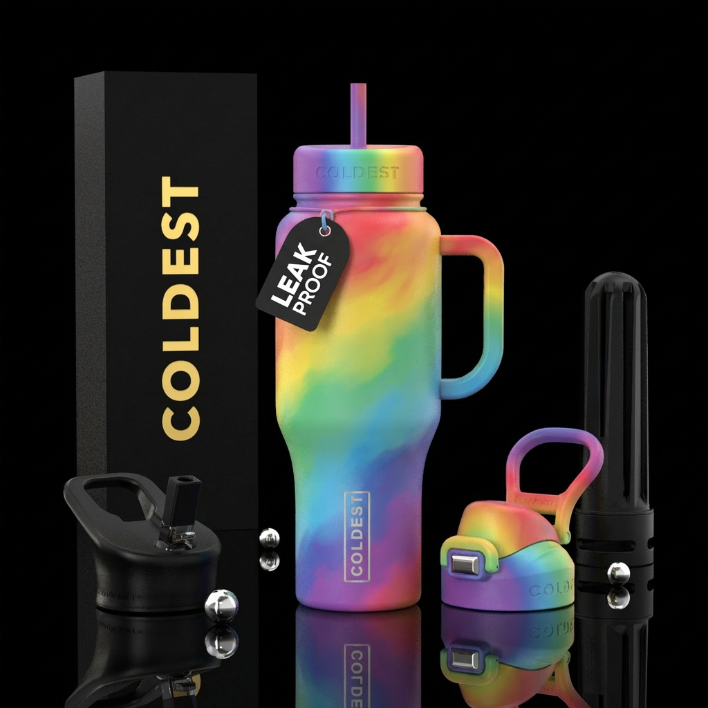 realism, whimsical, matte, rainbows water bottle design
