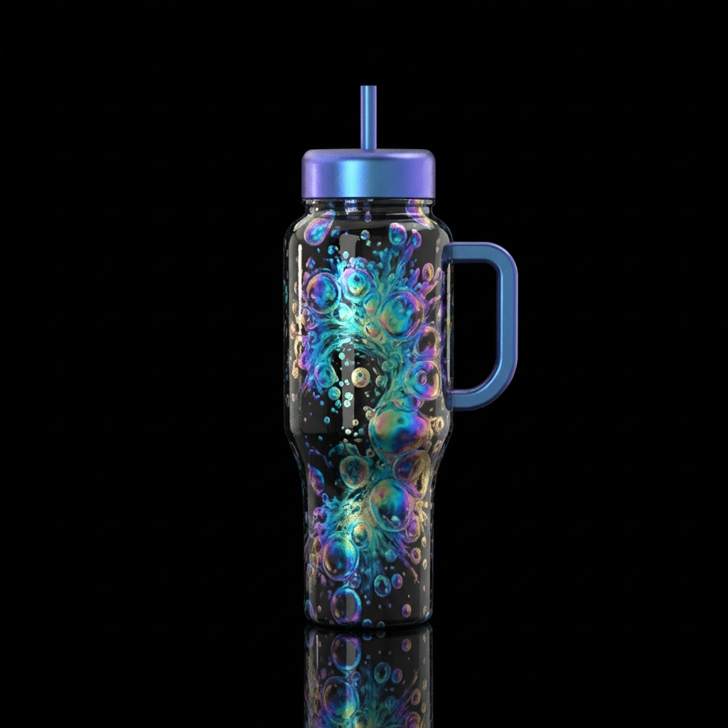 bubbles,, explosive, swirls, irridescent water bottle design