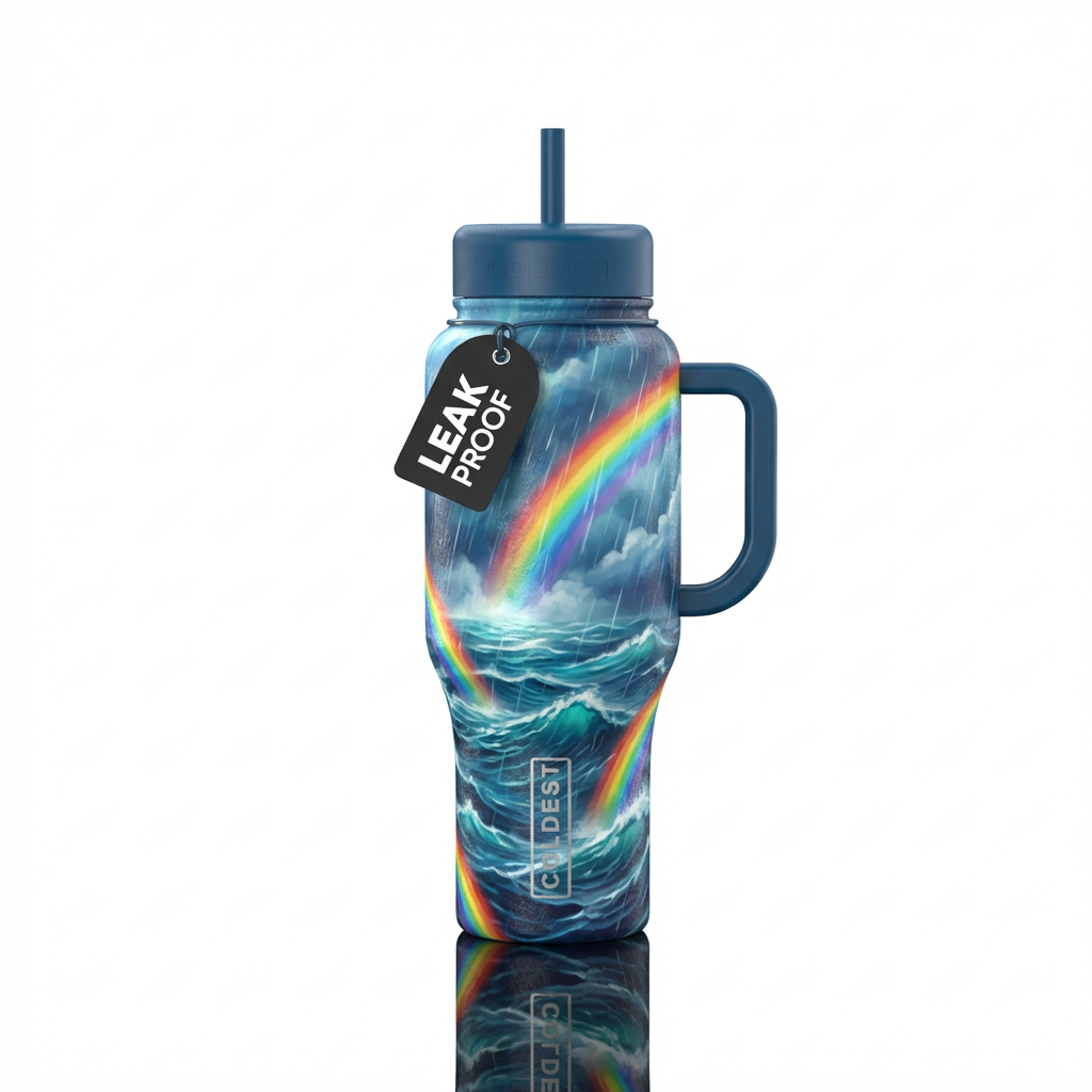 ocean, rain, rainbows water bottle design