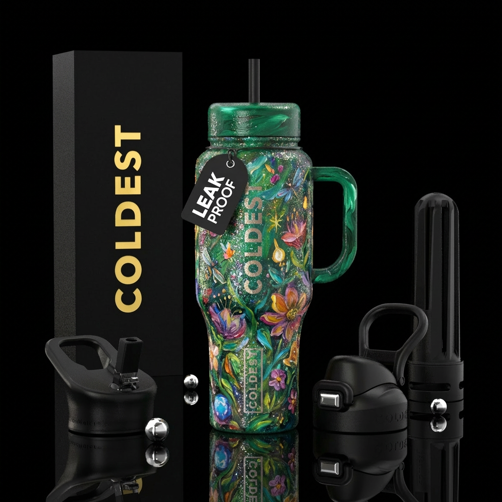 sparkly, secret garden,, whimsical, oil painted water bottle design