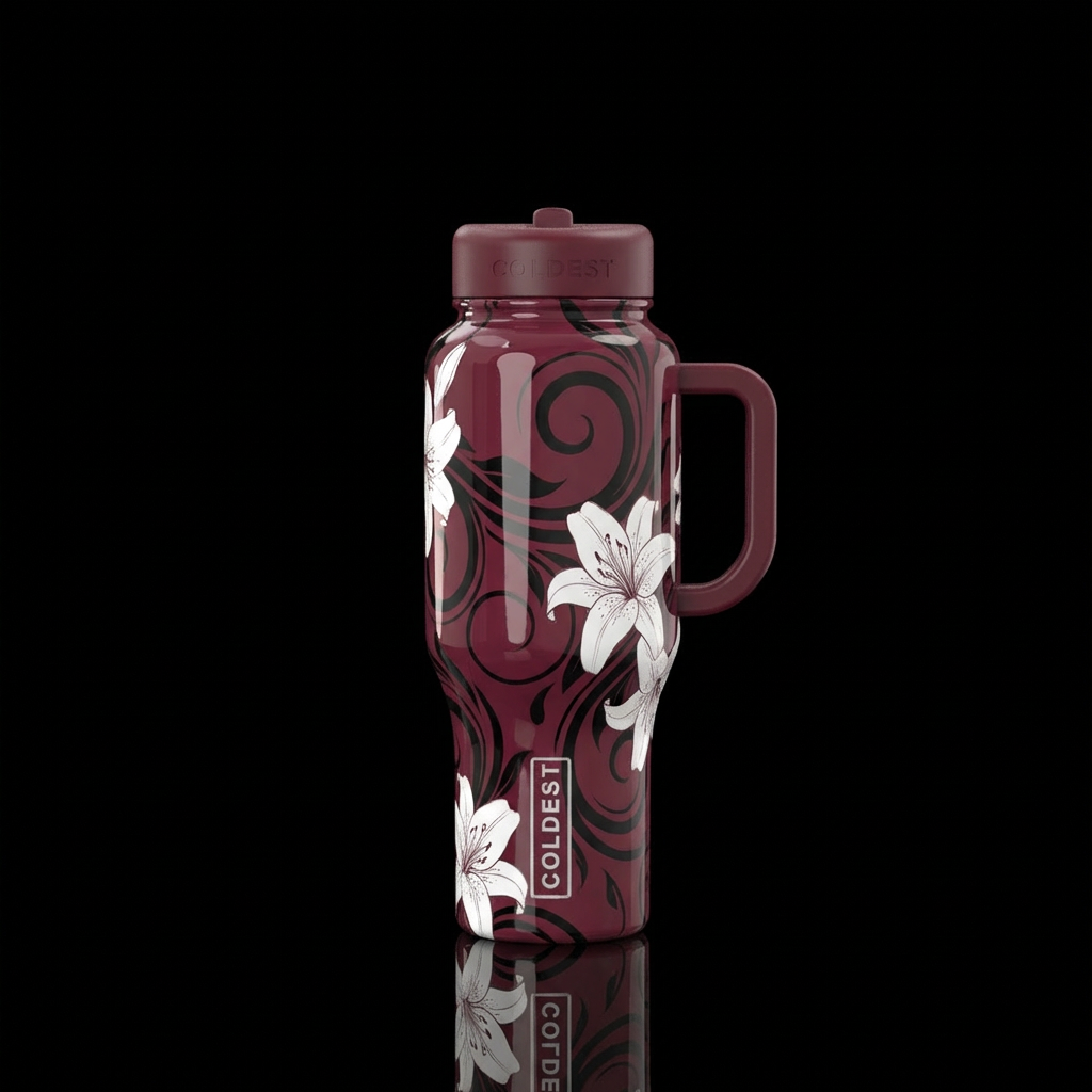 black swirl, white lily, maroon color water bottle design