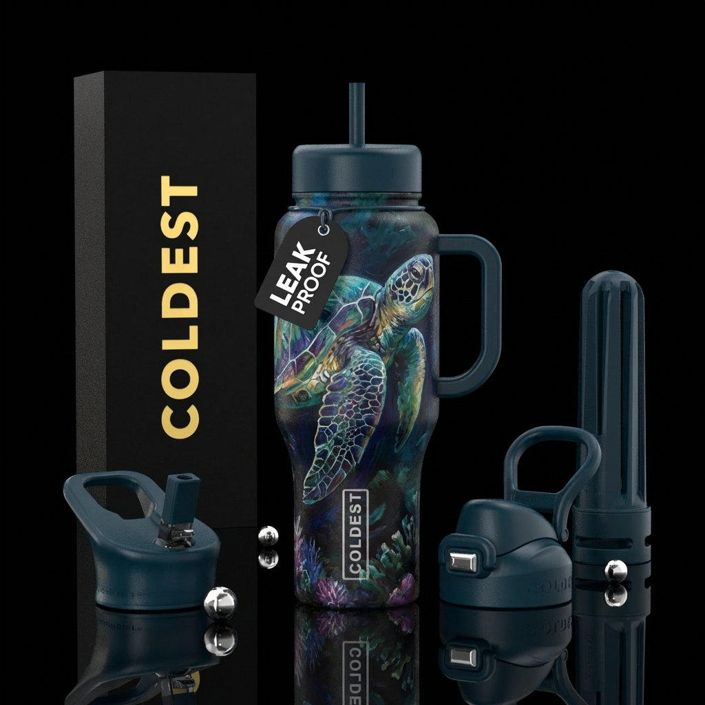 turtle, realism, oil painted, darkness water bottle design