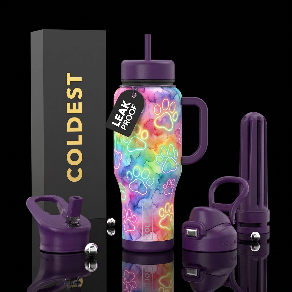 animal paws, glowie, rainbow,, watercolor water bottle design