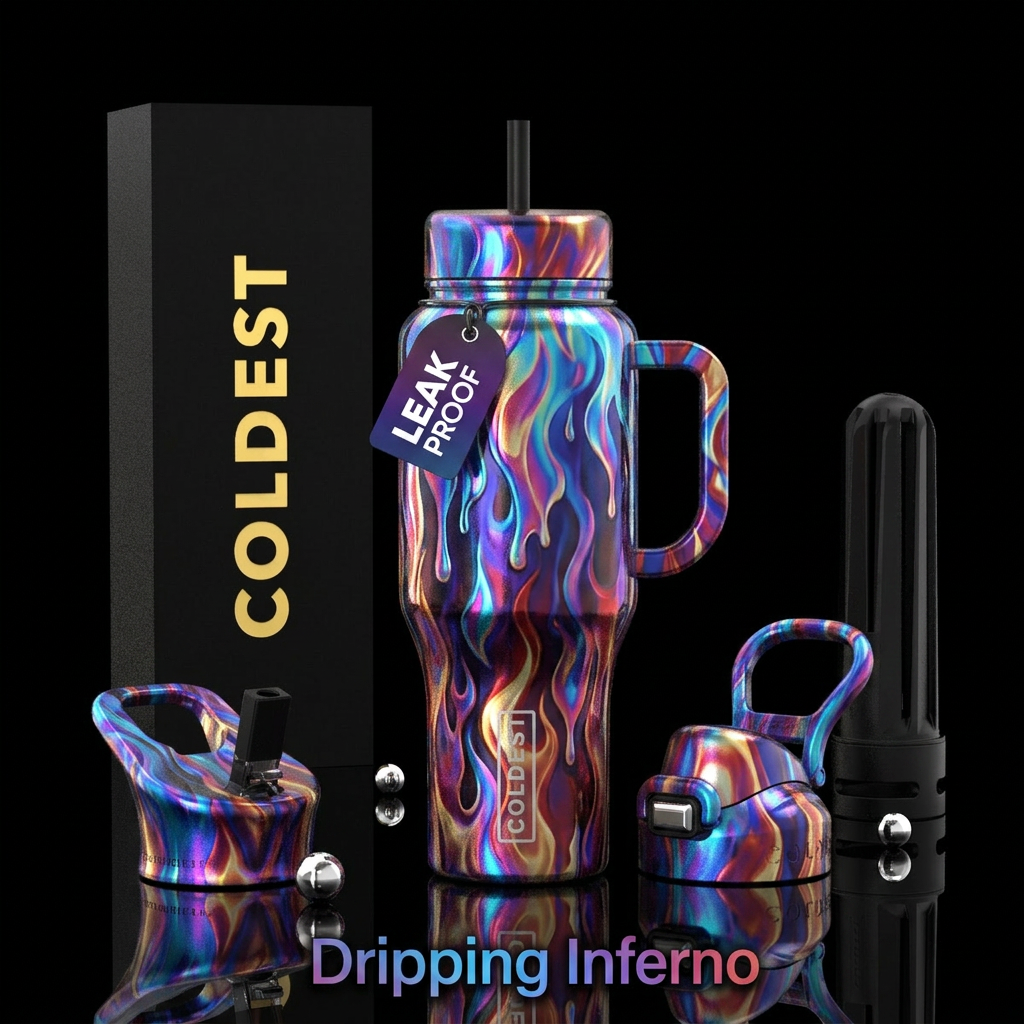 flames, dripping, iridescent, bold colors water bottle design