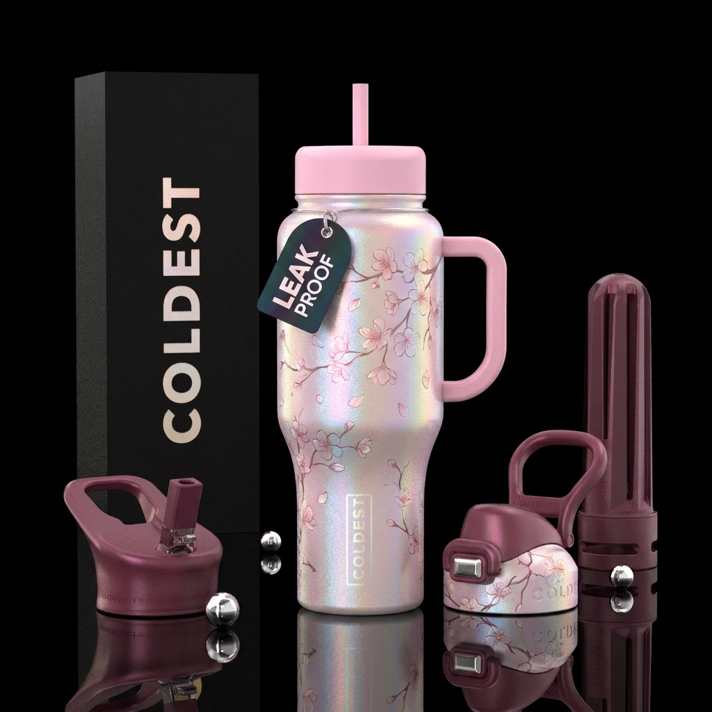 cherry blossoms, iridescent, soft colors, enchanti... water bottle design
