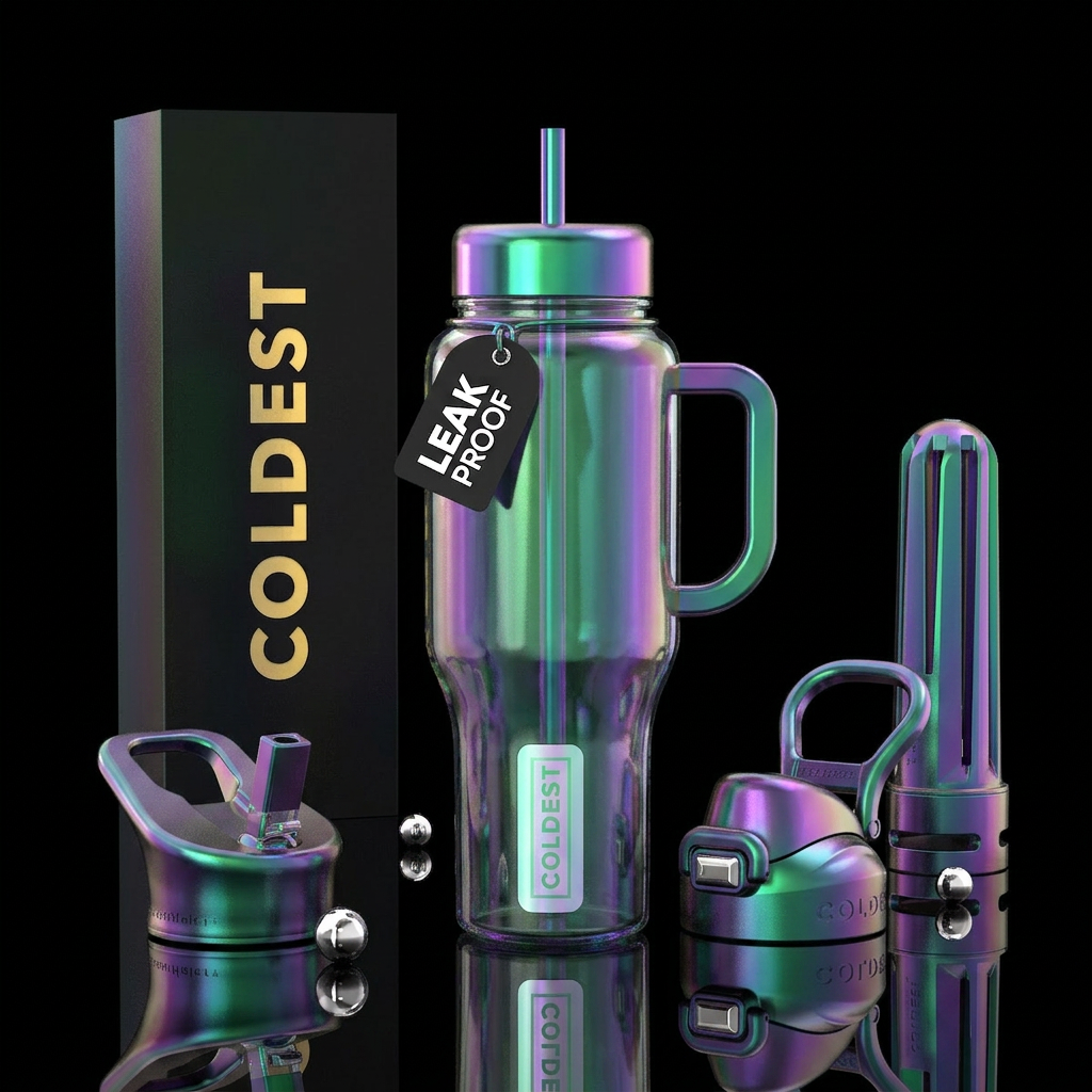 translucent, iridescent, green, purple, blue, water bottle design
