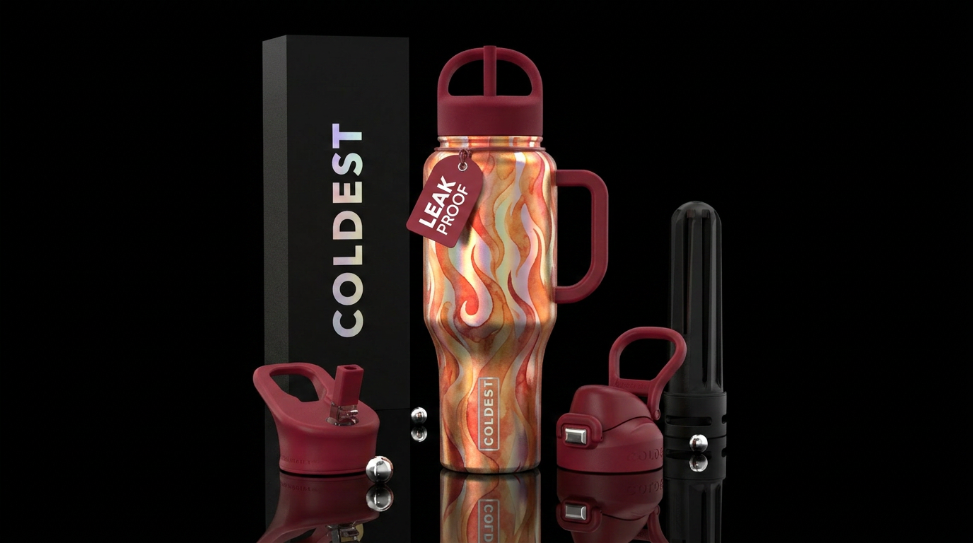 falling flames, iridescent, watercolor water bottle design