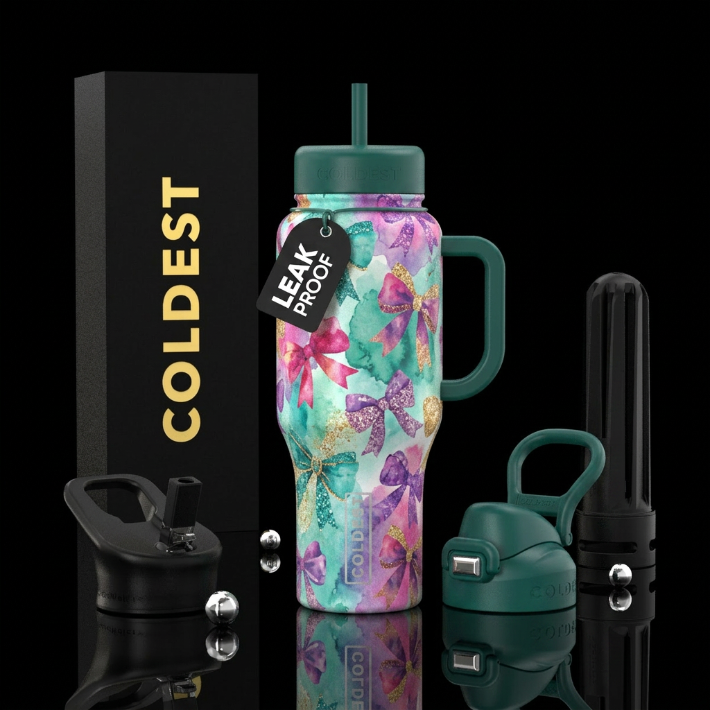 bows, glitter, watercolor water bottle design