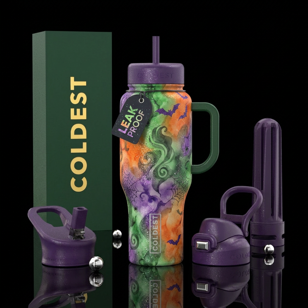 orange, green, purple, watercolor, glitter, spooky water bottle design