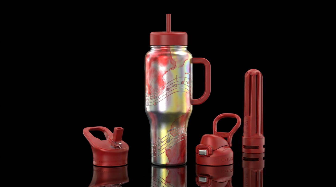 music notes, iridescent, watercolor, red, silver, ... water bottle design