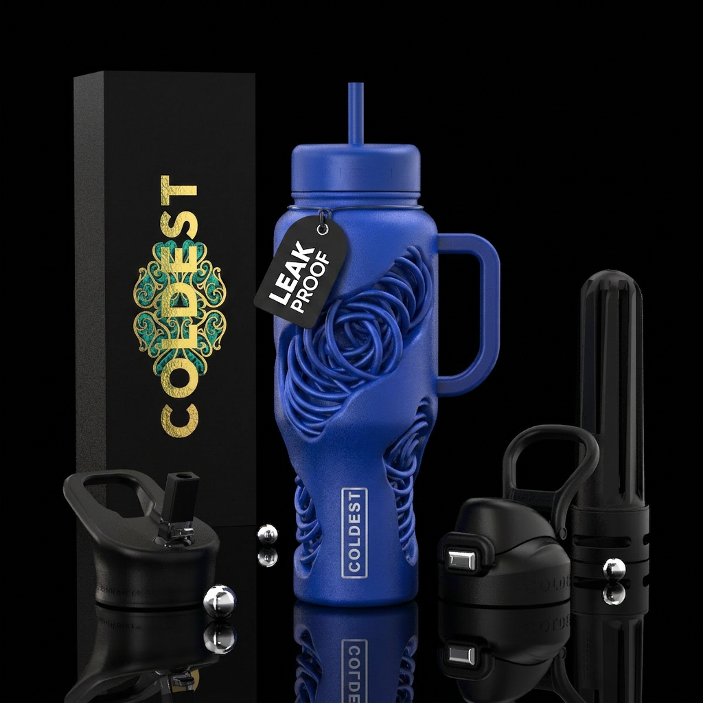 embedded,, spirals, spray painted, sapphire water bottle design