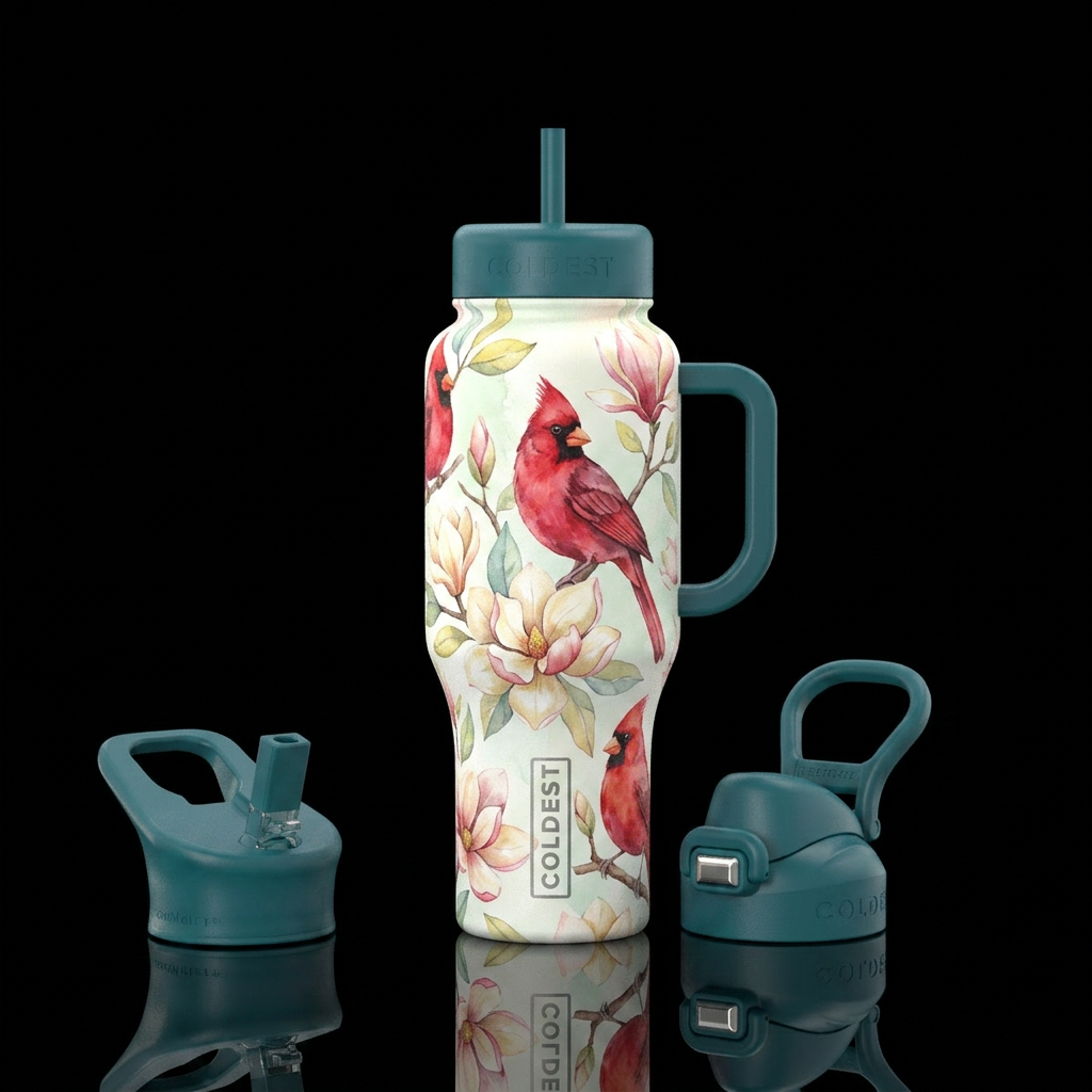 cardinals, watercolor, magnolias, light colors water bottle design