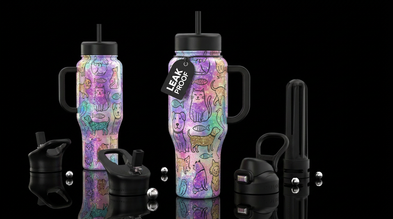 cats, dogs, fish, birds, outline, glittery, water ... water bottle design