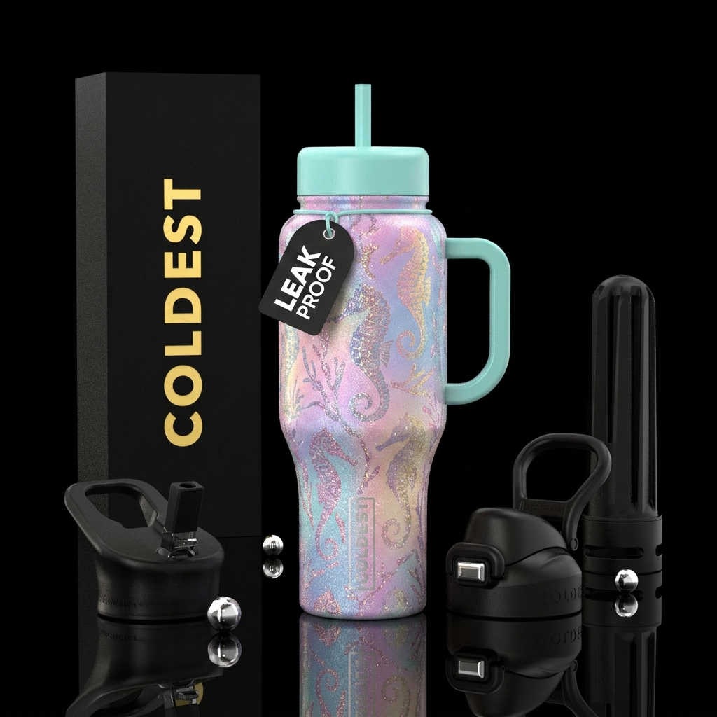 seahorse, glittery, iridescent, pastels water bottle design