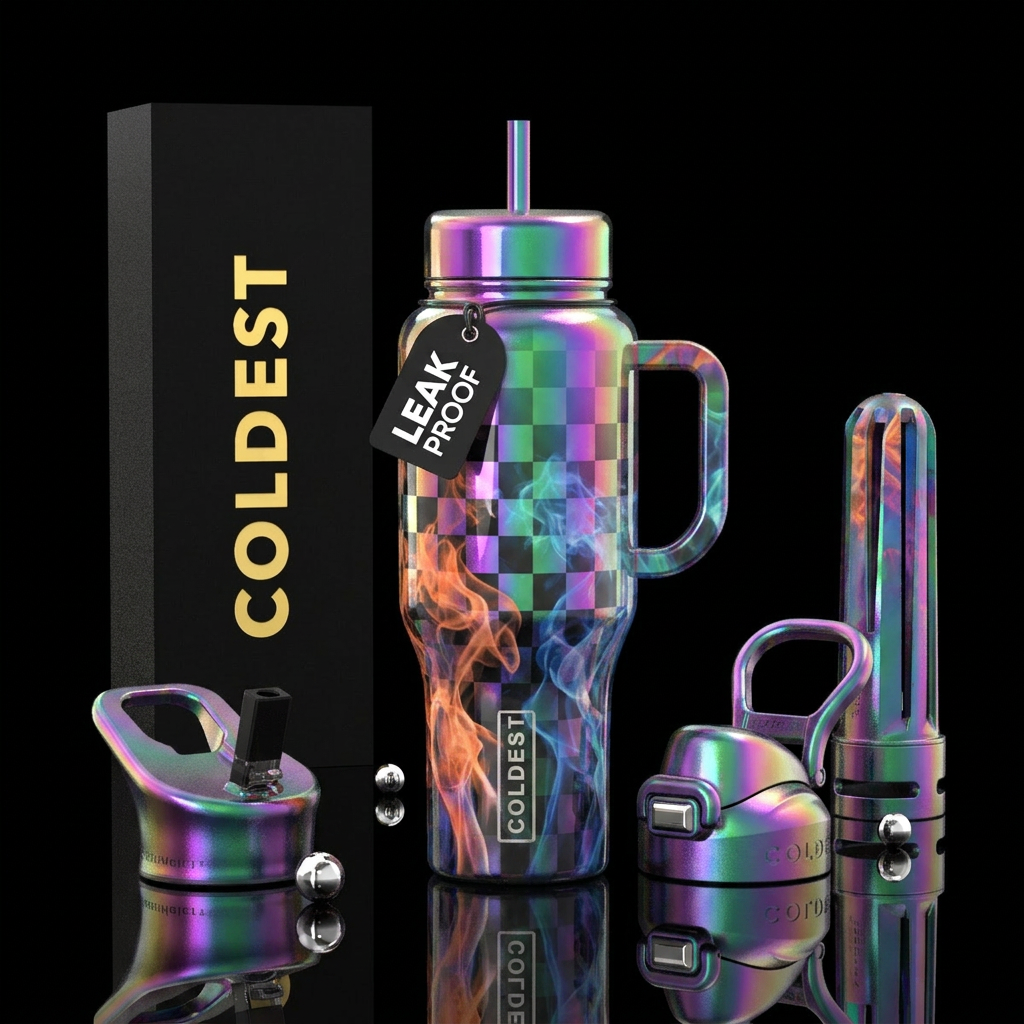 iridescent, checkered, bold colors, smoke water bottle design