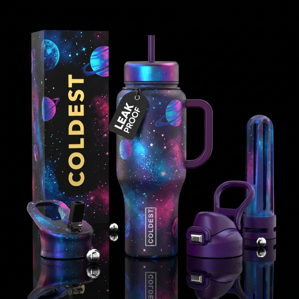 planets, stars, iridescent,  bold colors water bottle design