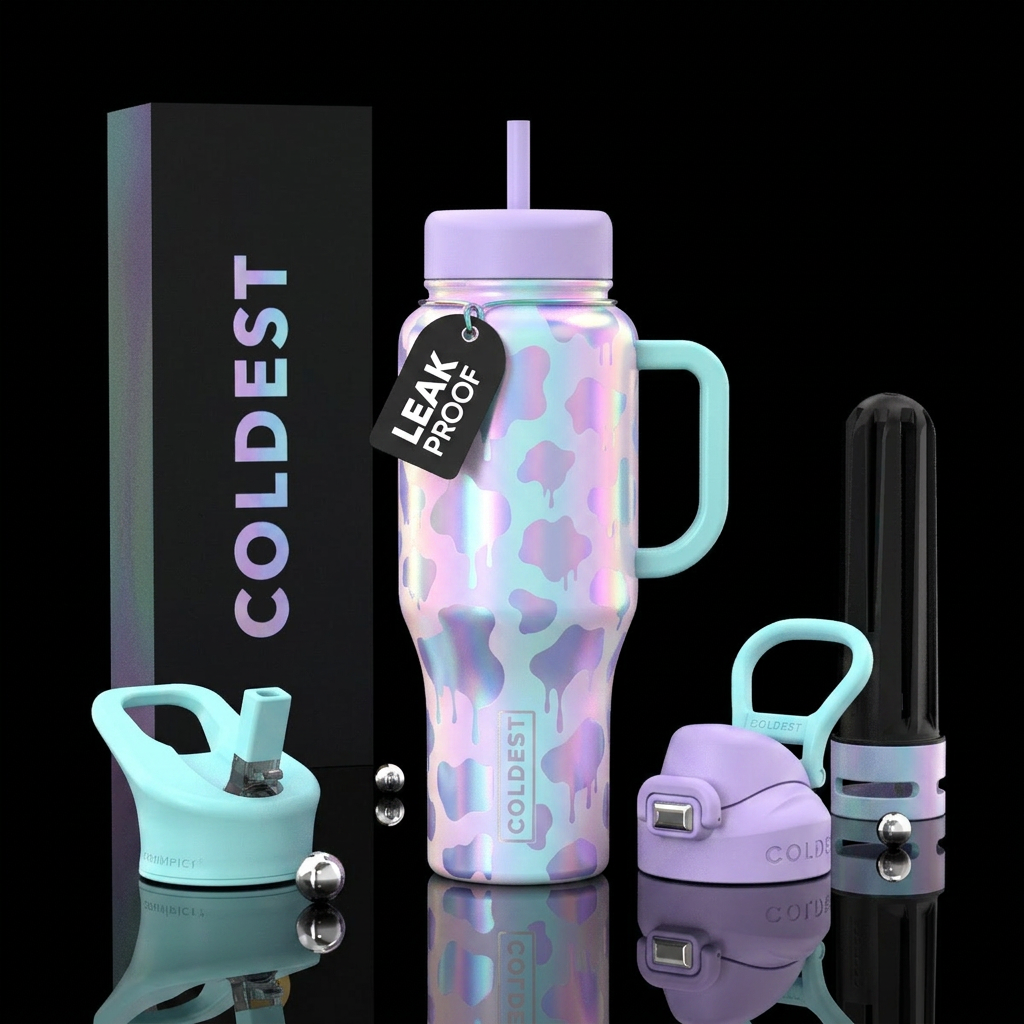 iridescent, cow print, dripping, pastel water bottle design