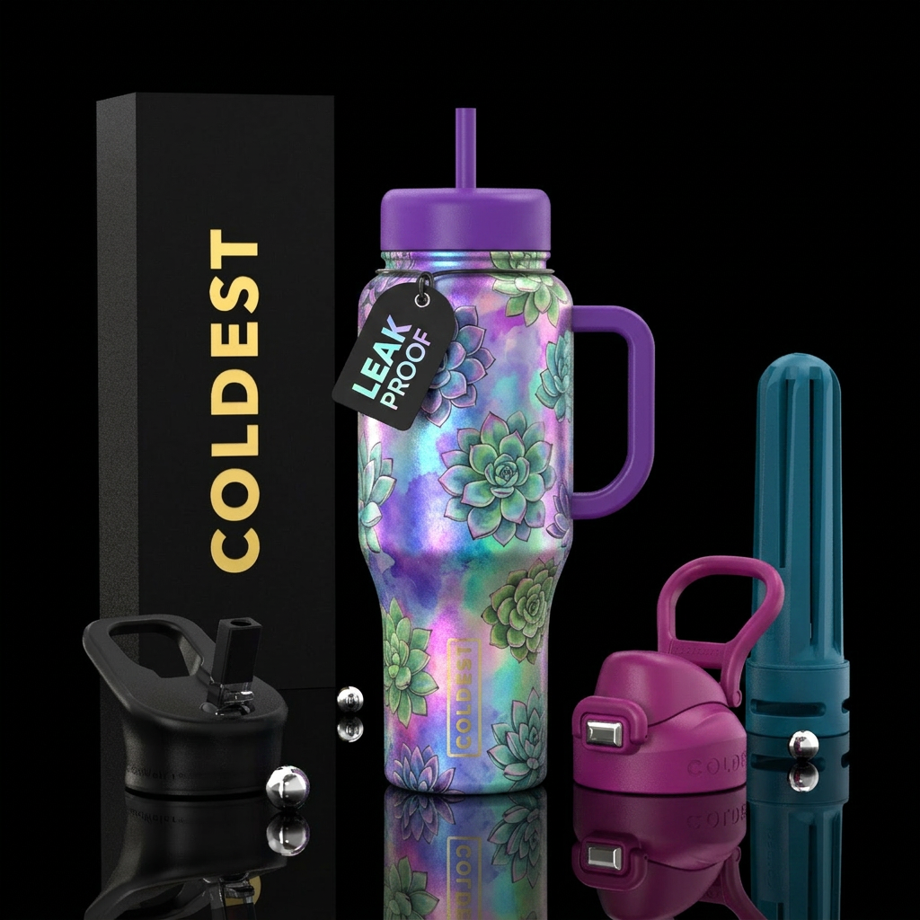 succulents, iridescent, water color, bold water bottle design