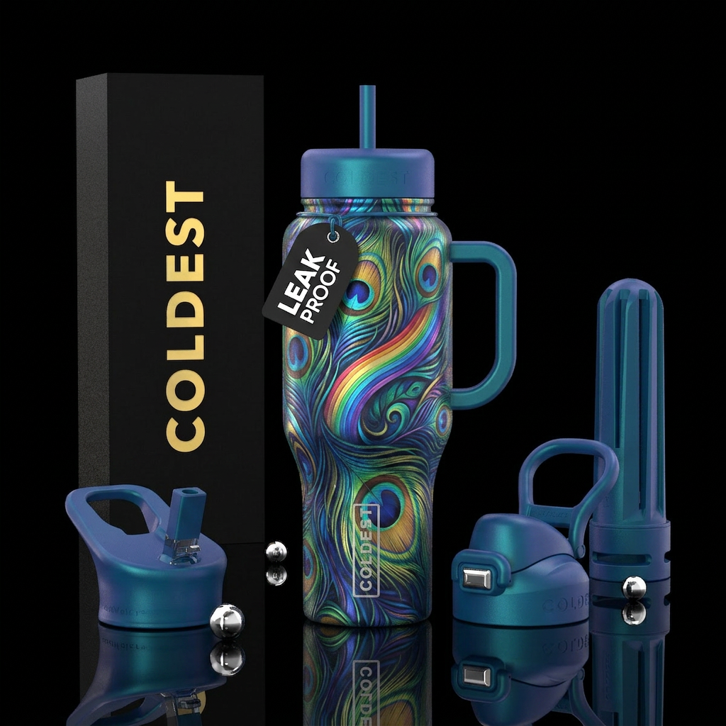 peacock, iridescent, bold colors, 1 rainbow water bottle design