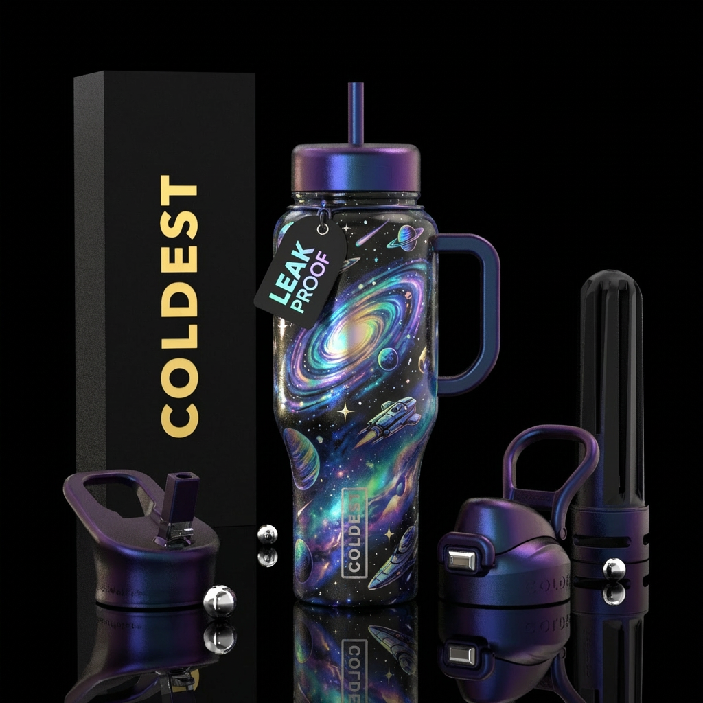 spaceship, holographic water bottle design