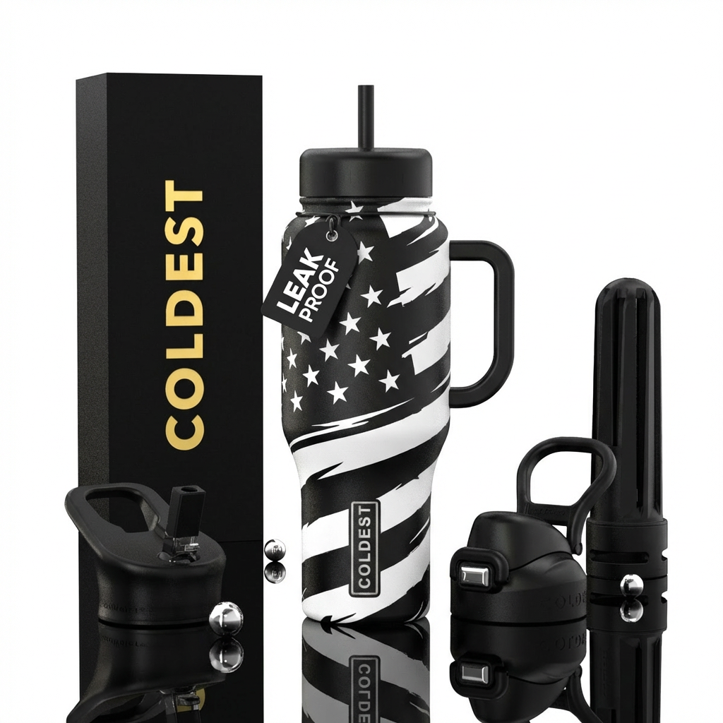 Black and white usa flag water bottle design