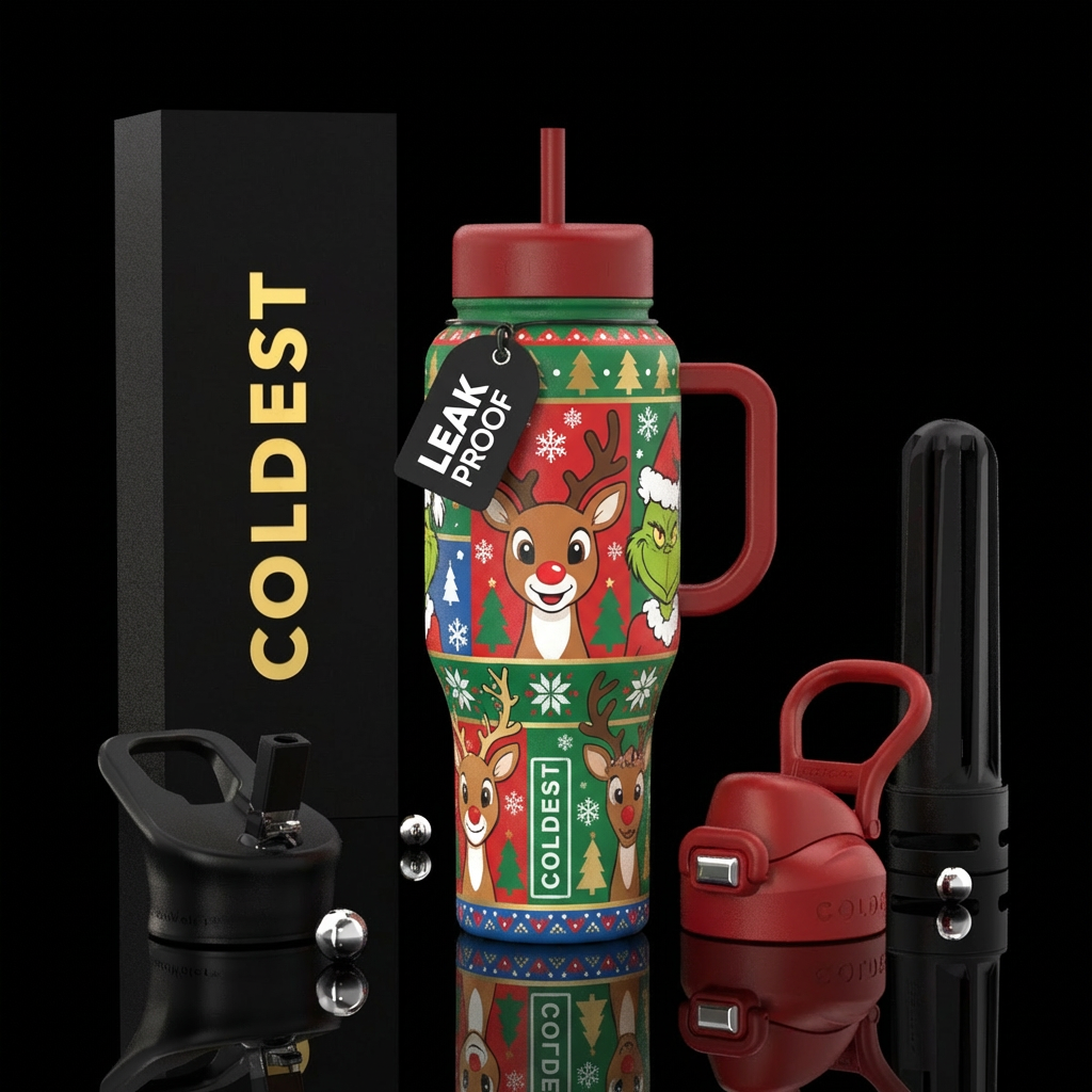 Christmas classics Rudolph grinch rain deer water bottle design