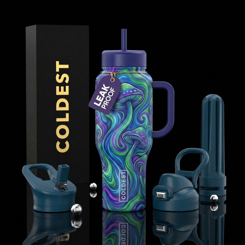 Blue green purple mushroom swirl water bottle design