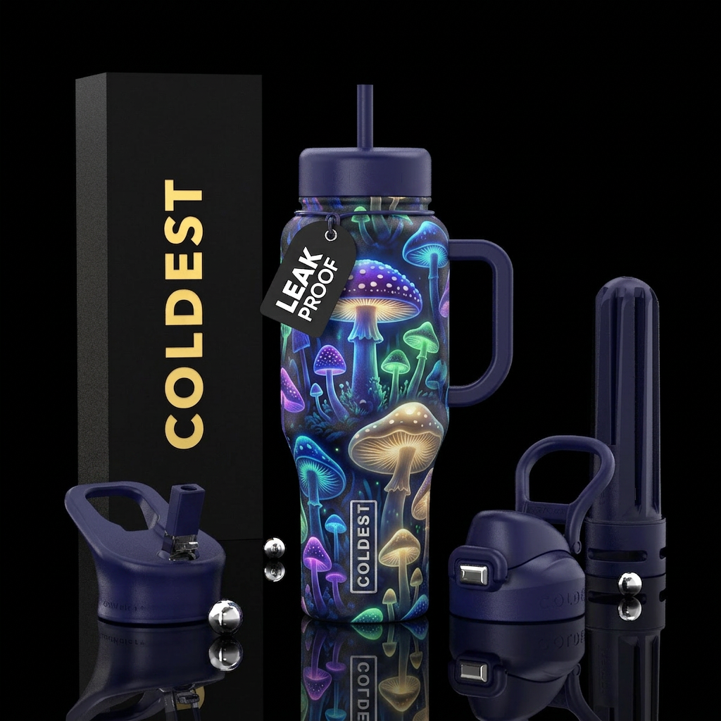 Moonlight glow trippy mushrooms water bottle design