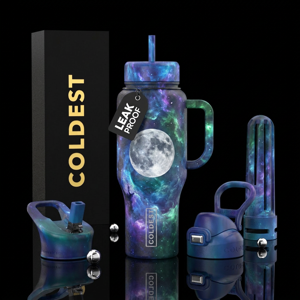 Comsic nebula full moon blue purple green water bottle design