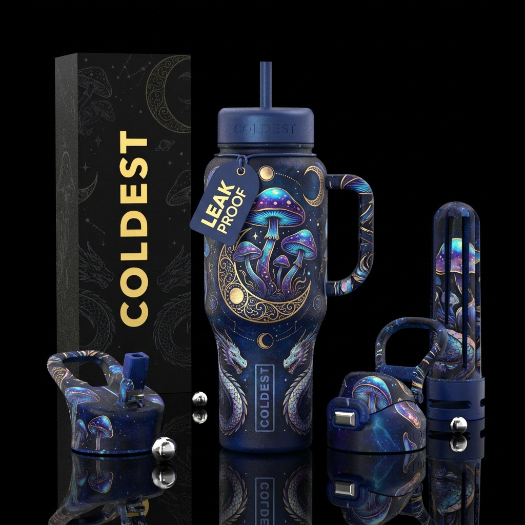 Cosmic mushrooms moon magic dragon water bottle design