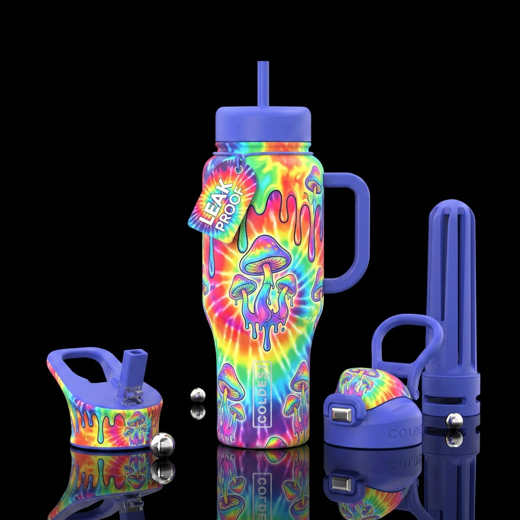 Glow Rainbow tie-dye drip mushroom water bottle design