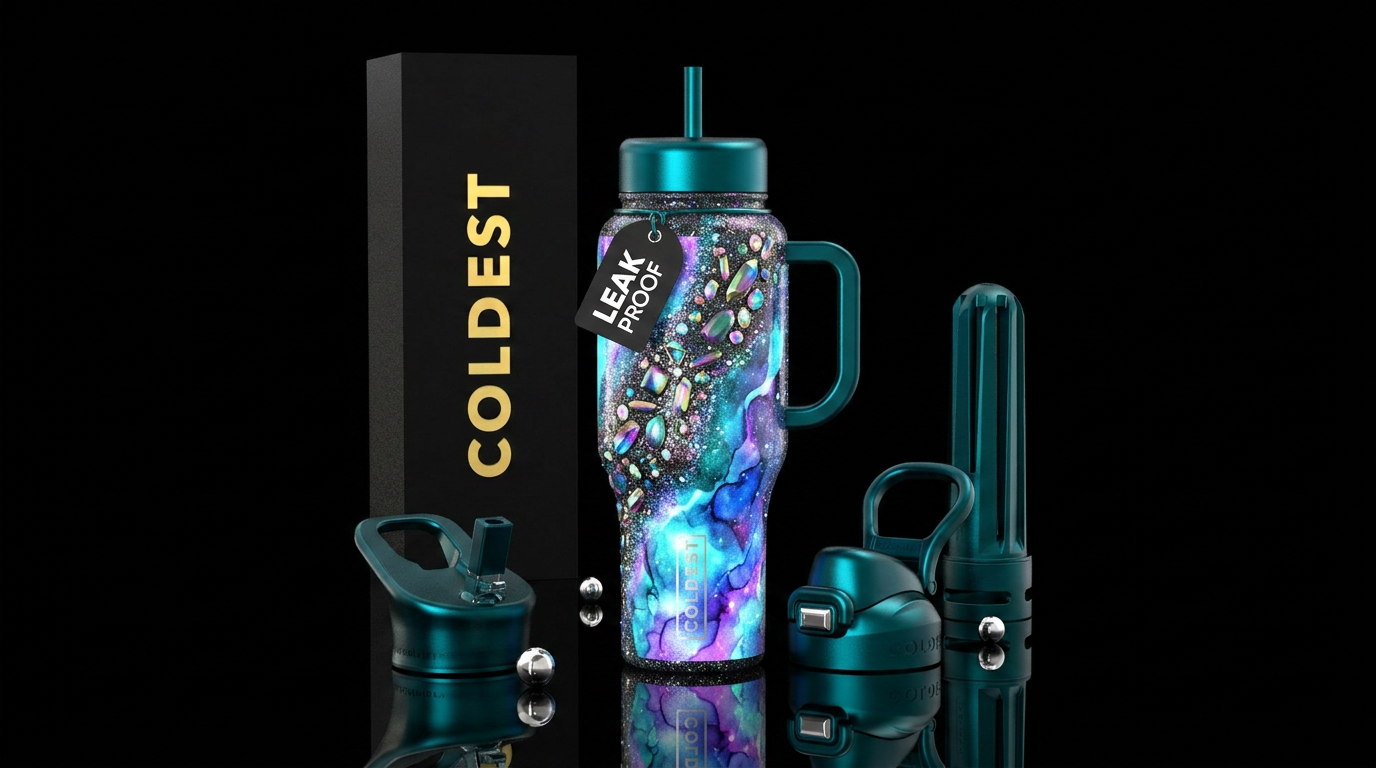 watercolor, sparkly, crystals, gemstones,, glowie water bottle design