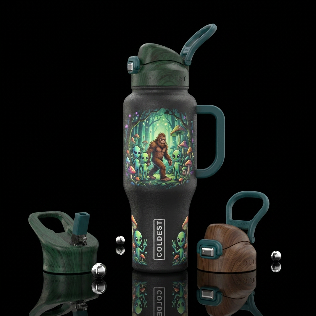 Aliens come in peace, whimsical fungi fairy forest... water bottle design